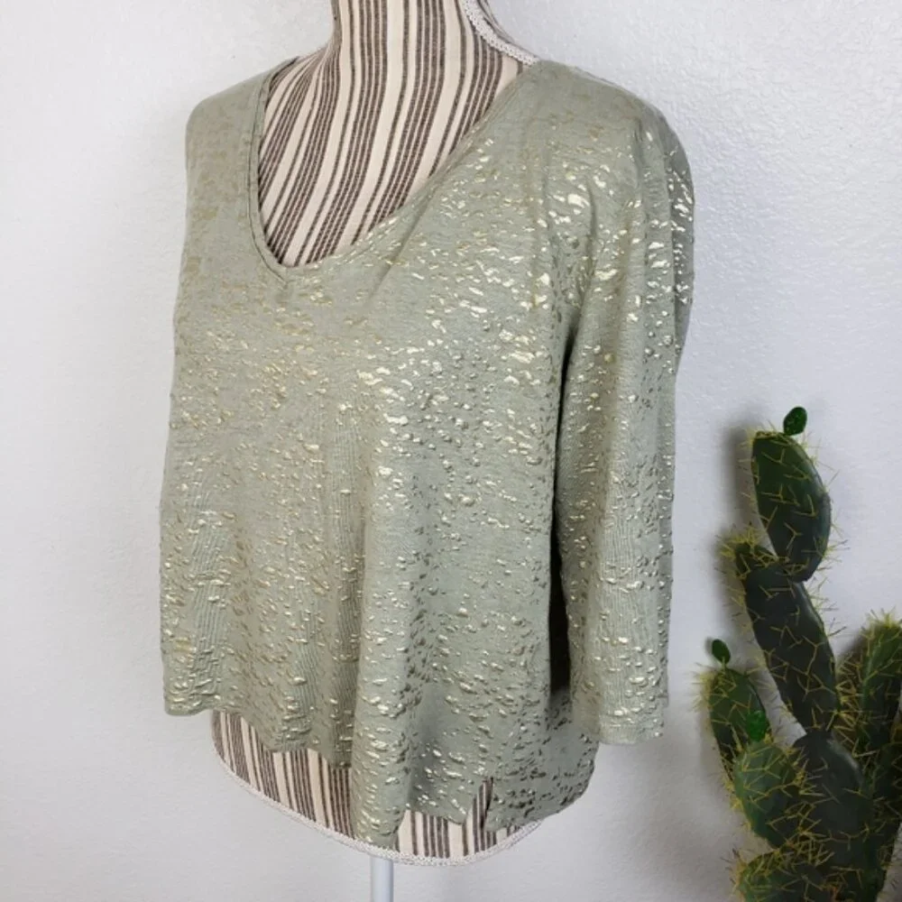 Majestic Filatures Stretch Linen Metallic Novelty 3/4-Sleeve Blouse Top size L